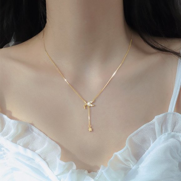 #NEW 925 Sterling Silver Diamond Angel Star Drop Necklace - Picture 3 of 4